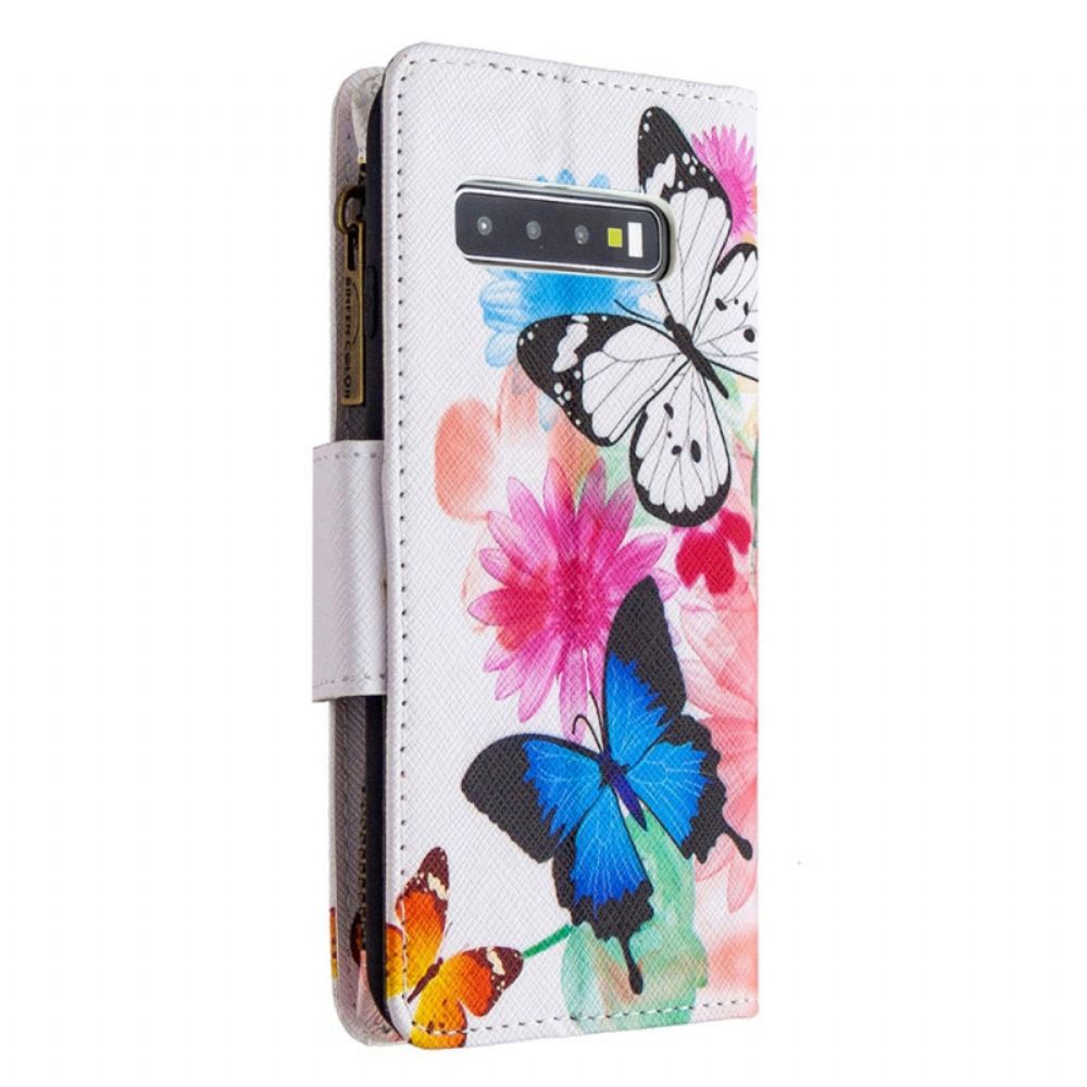 Kožené Pouzdro Na Samsung Galaxy S10 Kapsa Na Zip S Motýly