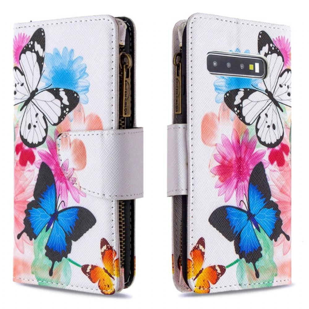 Kožené Pouzdro Na Samsung Galaxy S10 Kapsa Na Zip S Motýly