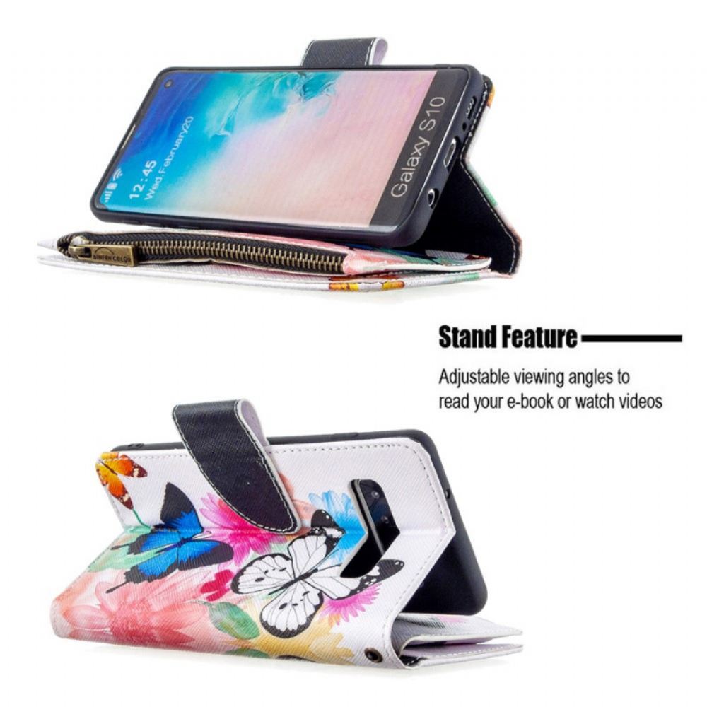 Kožené Pouzdro Na Samsung Galaxy S10 Kapsa Na Zip S Motýly