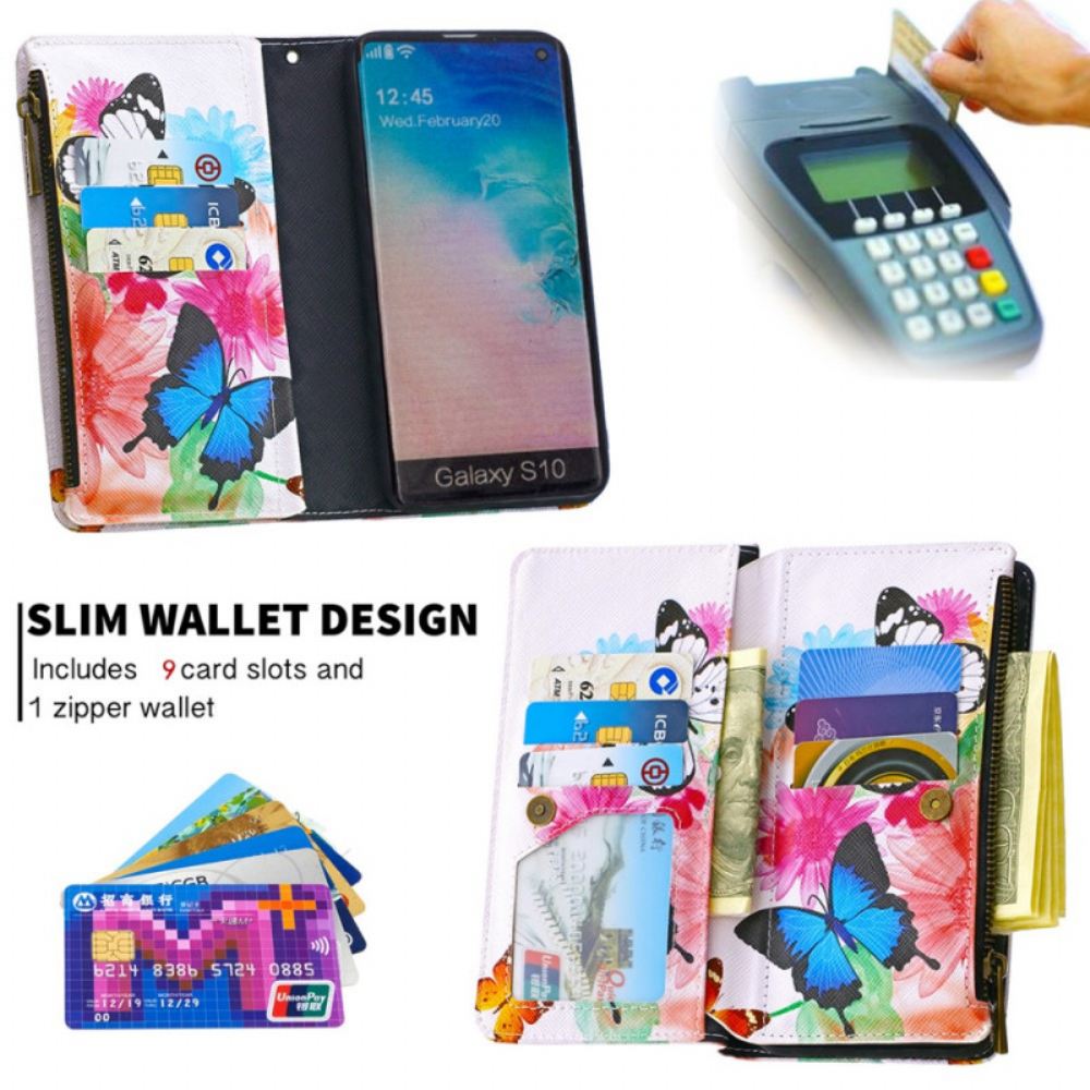 Kožené Pouzdro Na Samsung Galaxy S10 Kapsa Na Zip S Motýly