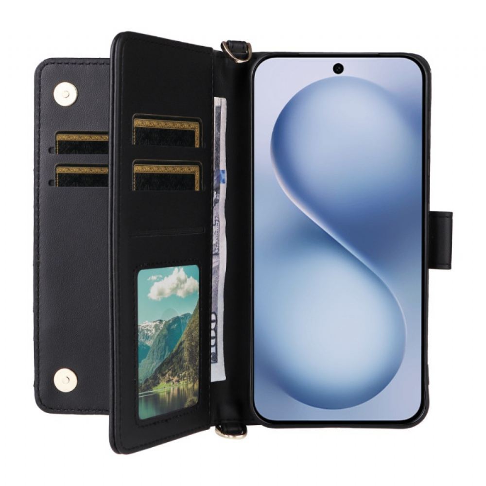 Kožený Kryt Na Vivo X200 Fe Prošívaná S Popruhem A Ramenním Popruhem