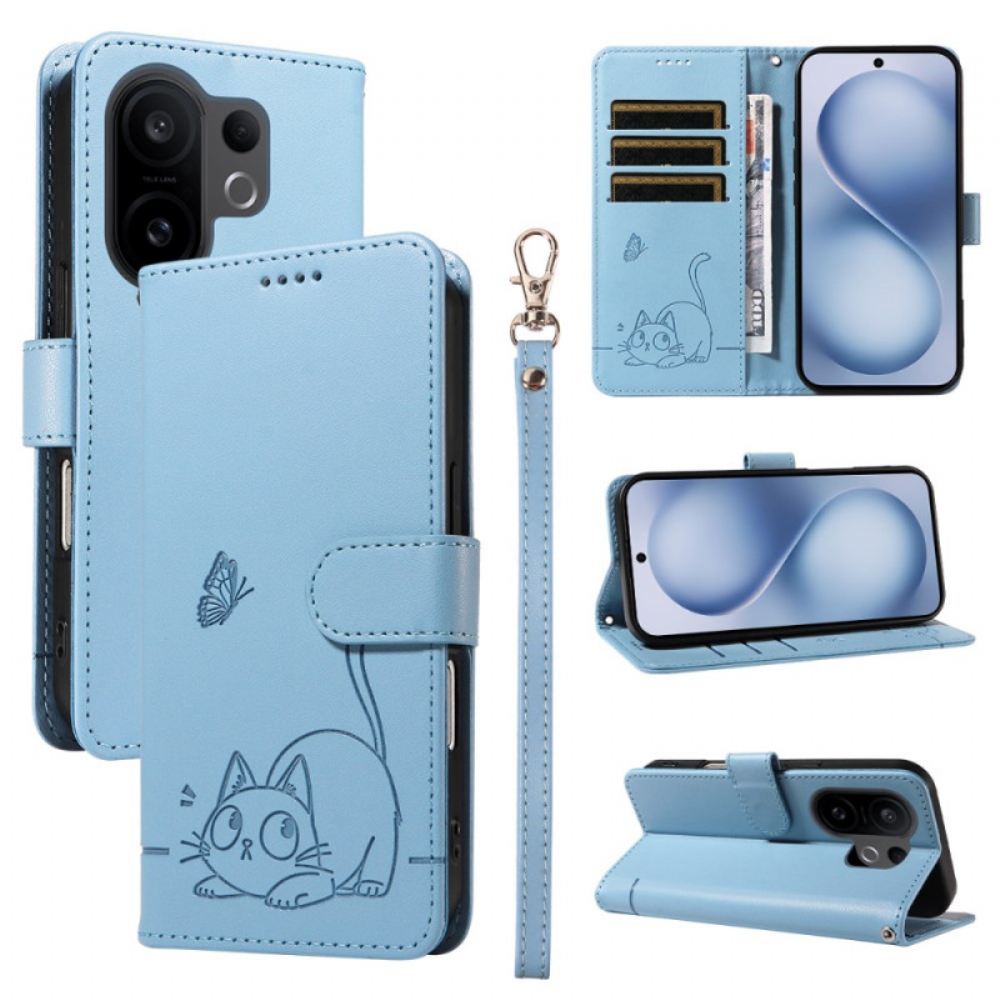 Kožený Kryt Vivo X200 Fe Gravírovaná Kočka S Popruhem