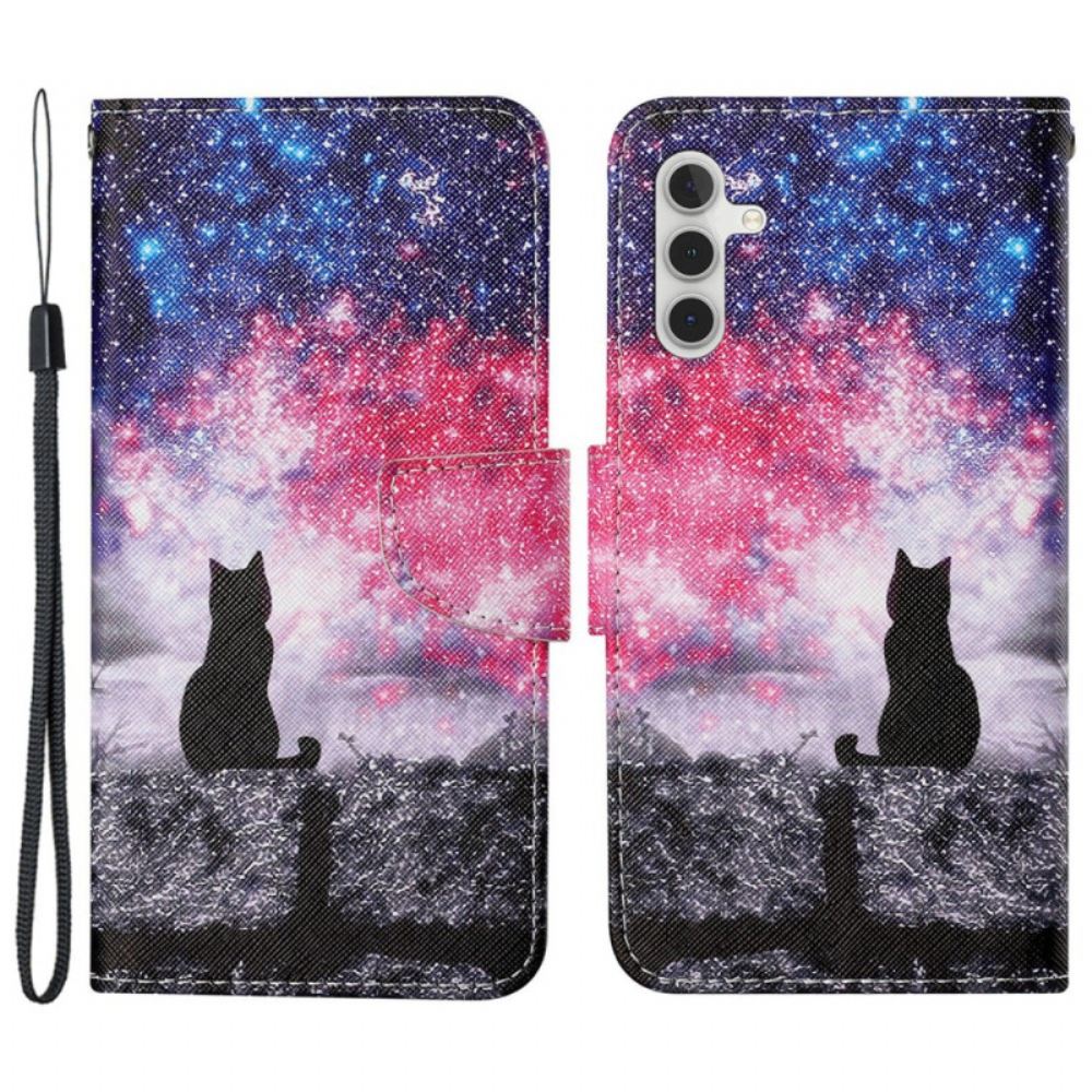 Kožený Kryt Samsung Galaxy A15 5g Hvězdná Obloha A Kočka