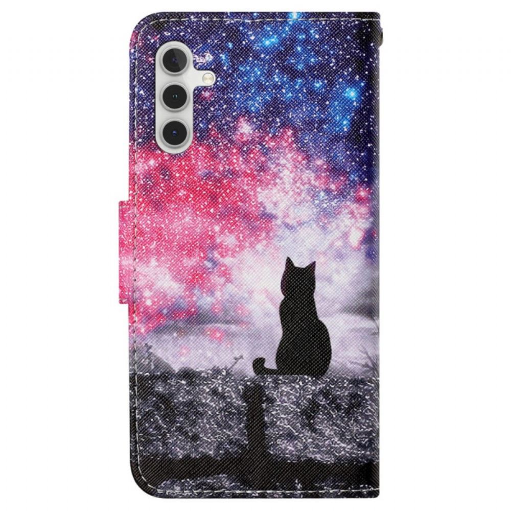 Kožený Kryt Samsung Galaxy A15 5g Hvězdná Obloha A Kočka
