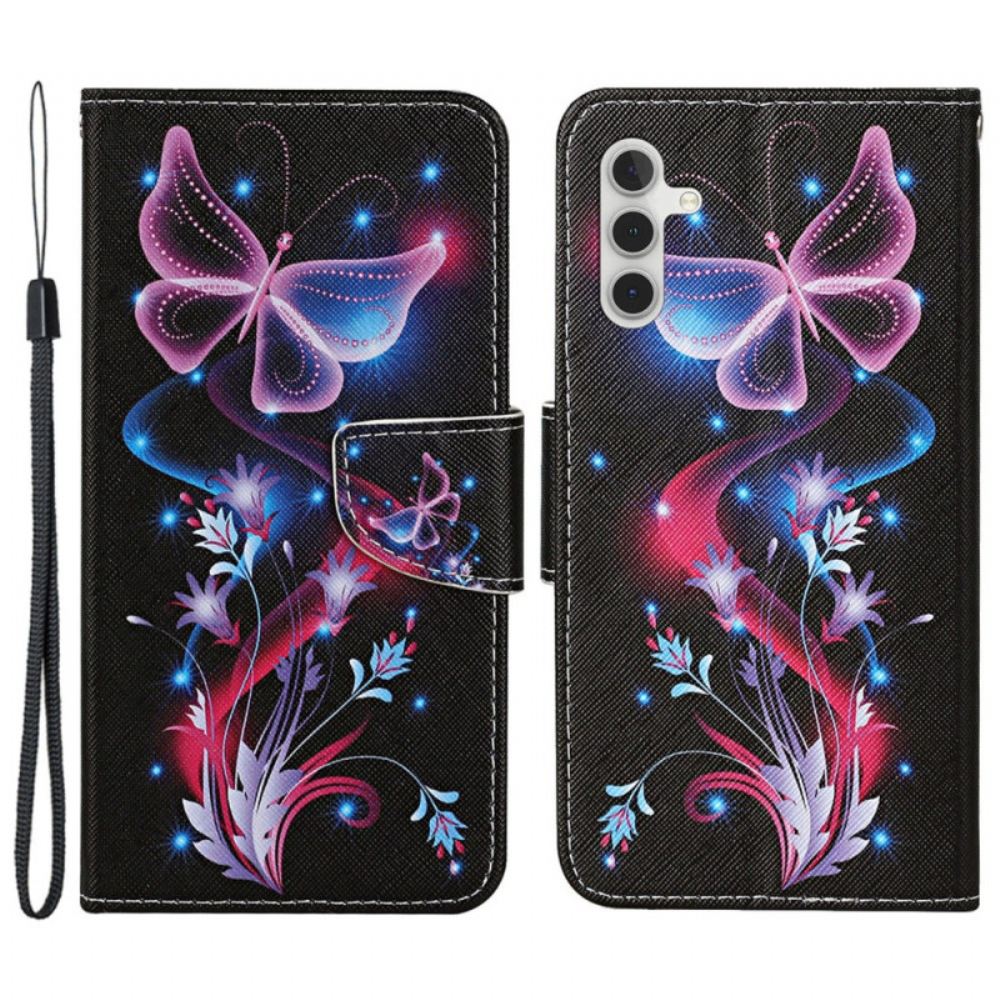 Peněženková Pouzdra Samsung Galaxy A15 5g Kryty Na Mobil Fluorescenční Motýli S Páskem