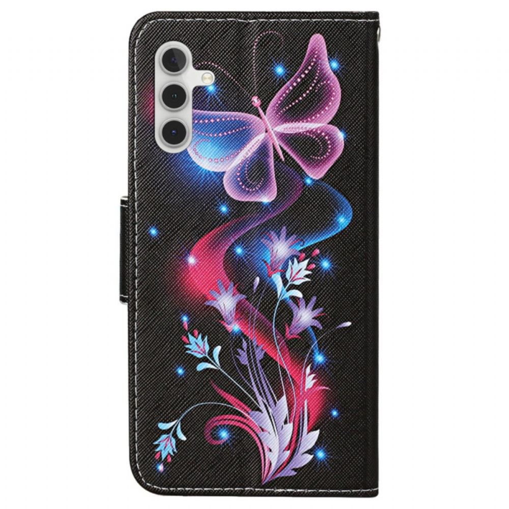 Peněženková Pouzdra Samsung Galaxy A15 5g Kryty Na Mobil Fluorescenční Motýli S Páskem