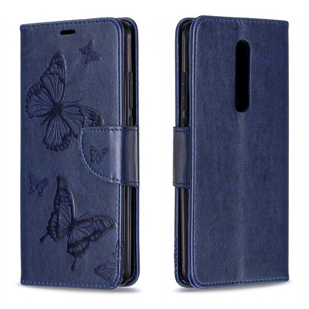 Kožené Pouzdro Na Xiaomi Mi 9T / Mi 9T Pro Na Lana Popruh S Potiskem Motýlů