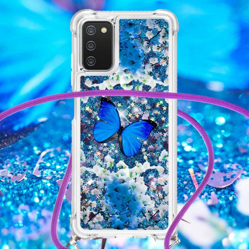 Kryt Na Samsung Galaxy A03s Na Lana Stahovací Šňůrka S Flitry Motýla