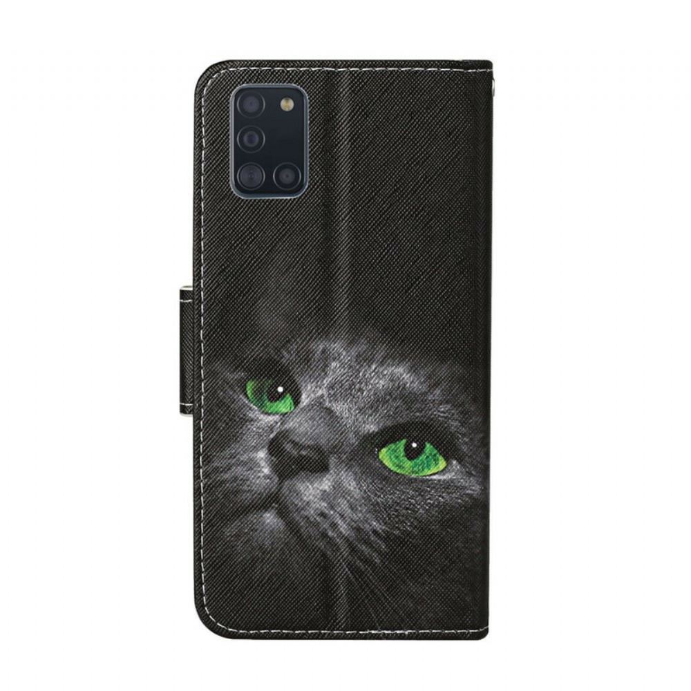Flipové Pouzdro Na Samsung Galaxy A31 Kočka Se Zelenýma Očima Se Šňůrkou