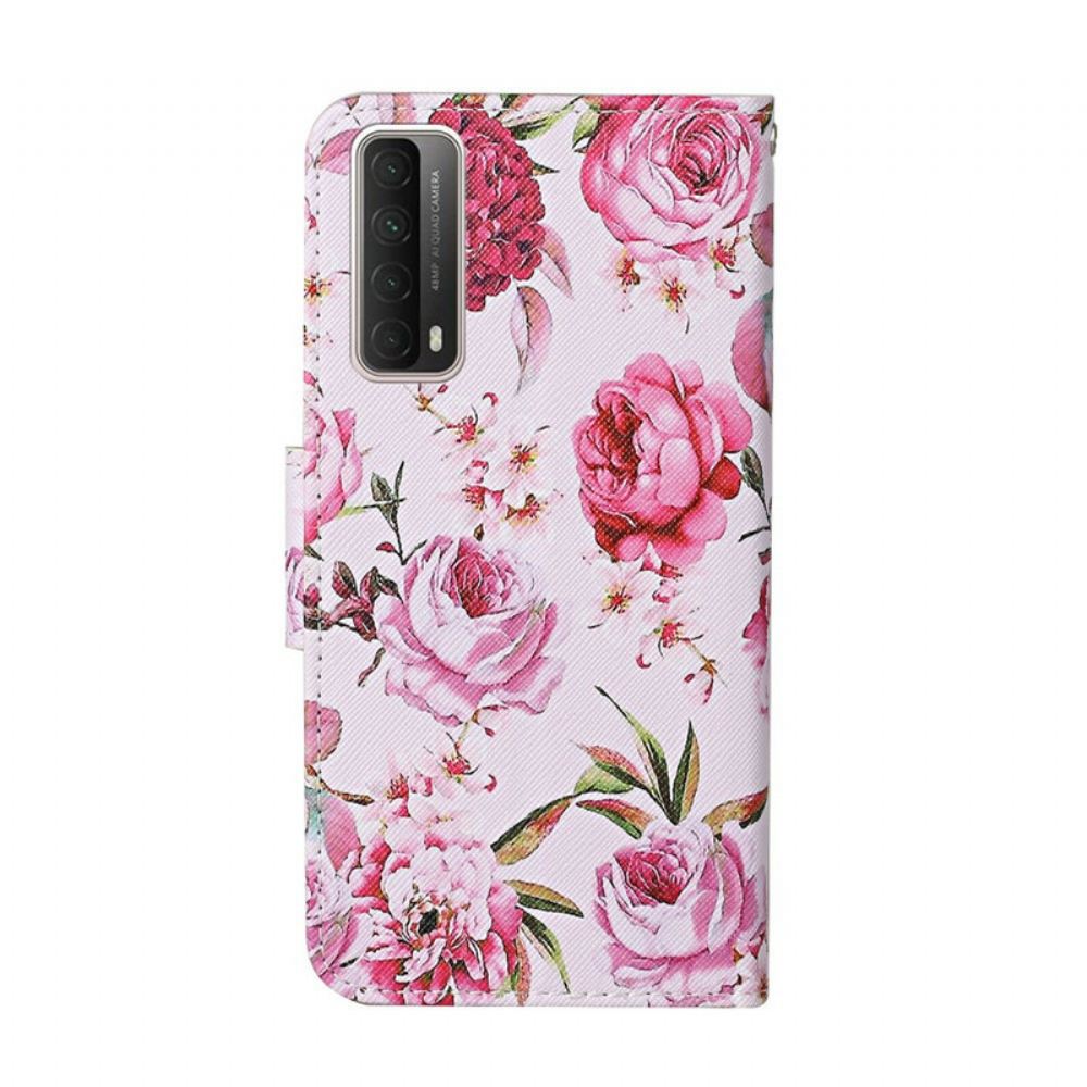 Flipové Pouzdro Na Huawei P Smart 2021 Mistrovské Květiny S Popruhem