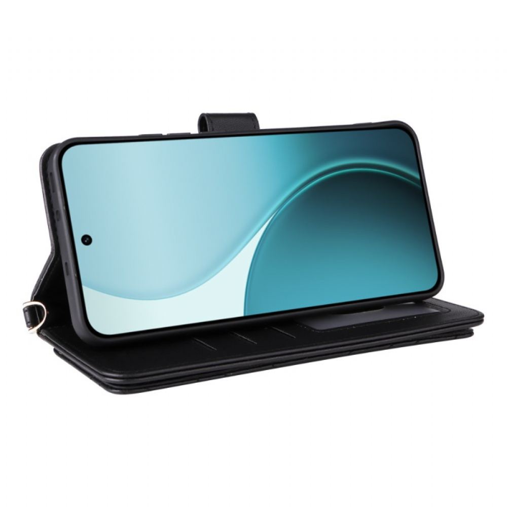 Kožený Kryt Na Oppo Reno 14 Pro 5g Prošívané S Řemínkem A Poutkem Na Zápěstí