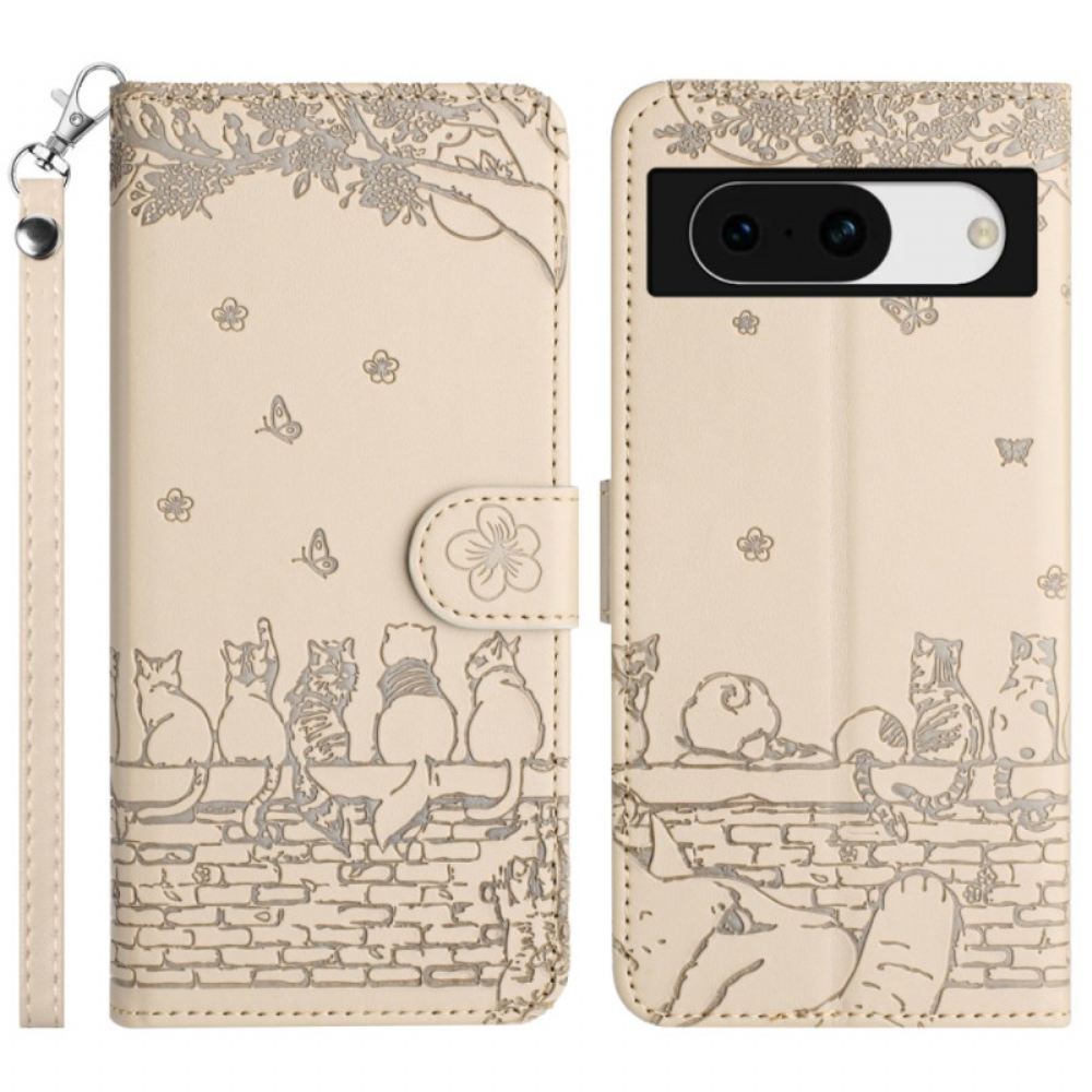 Kožený Kryt Google Pixel 8a Pásek Pro Kočky S Popruhem
