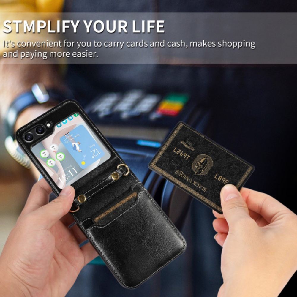 Kryt Samsung Galaxy Z Flip 5 Kožený Držák Na Karty A Ramenní Popruh