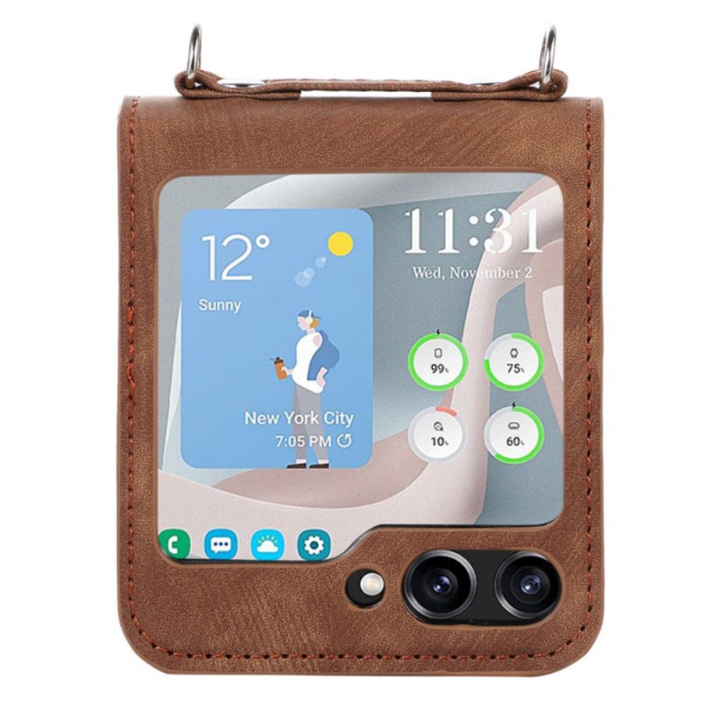 Kryt Samsung Galaxy Z Flip 5 Kryty Na Mobil Kožený Držák Na Karty A Ramenní Popruh