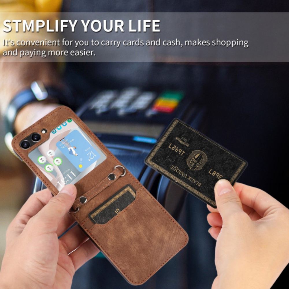 Kryt Samsung Galaxy Z Flip 5 Kryty Na Mobil Kožený Držák Na Karty A Ramenní Popruh