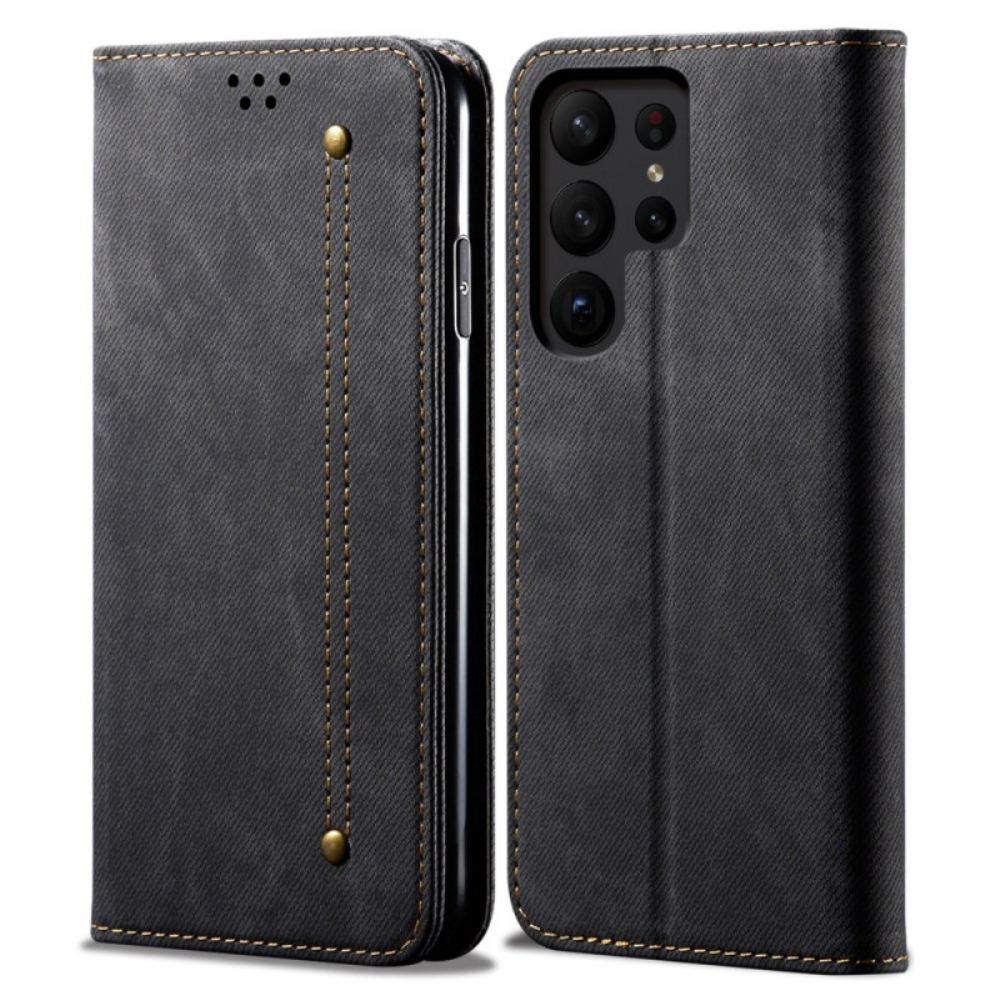 Kožené Pouzdro Folio Samsung Galaxy S24 Ultra 5g Džínová Tkanina