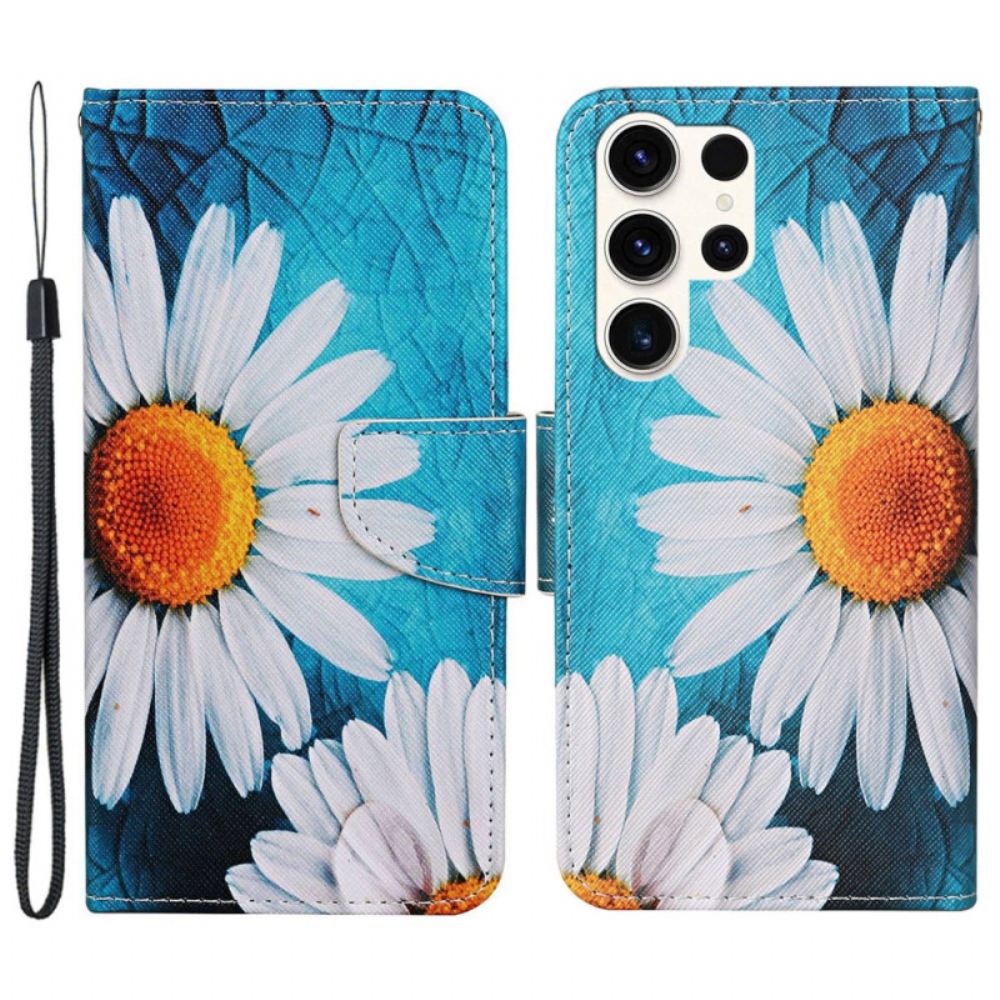 Kožený Kryt Na Samsung Galaxy S24 Ultra 5g Chryzantémy S Velkým Popruhem