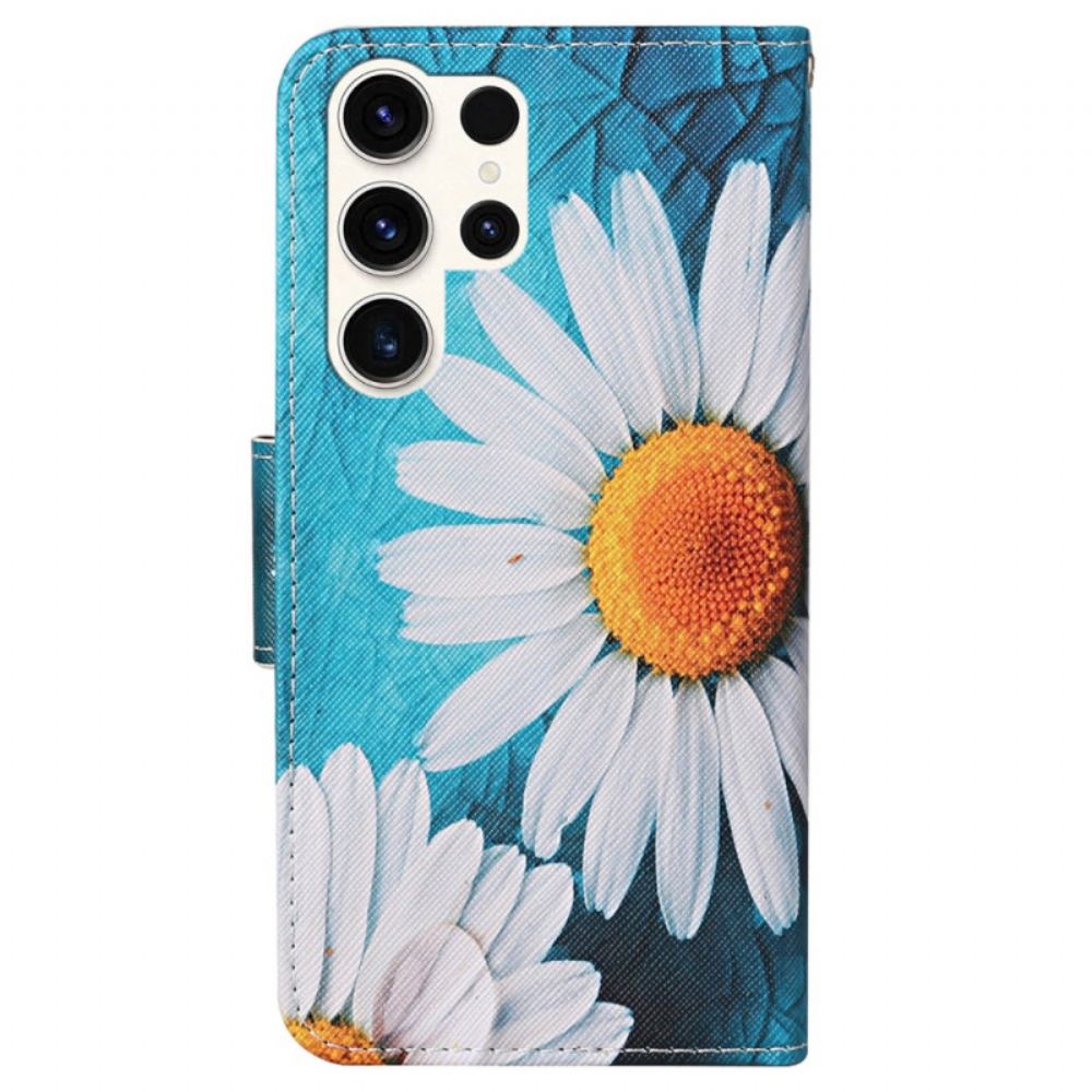 Kožený Kryt Na Samsung Galaxy S24 Ultra 5g Chryzantémy S Velkým Popruhem