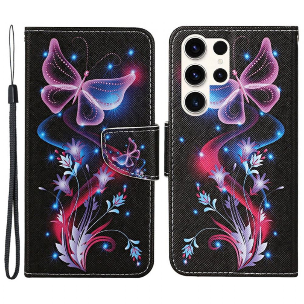 Kožený Kryt Na Samsung Galaxy S24 Ultra 5g Fluorescenční Motýli S Páskem