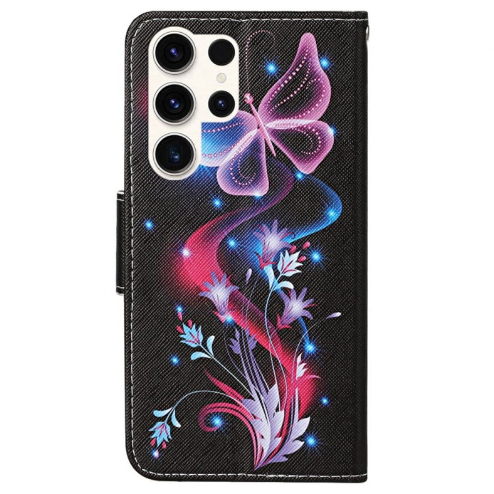 Kožený Kryt Na Samsung Galaxy S24 Ultra 5g Fluorescenční Motýli S Páskem