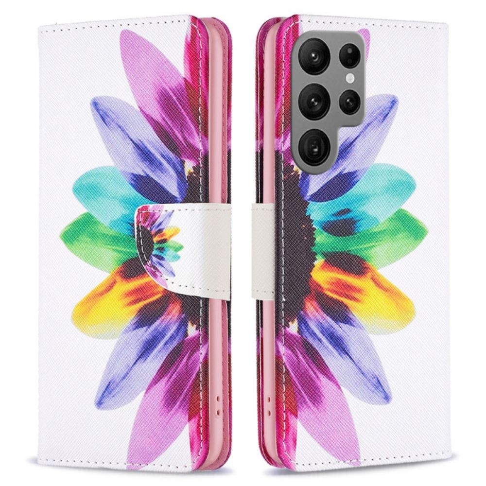 Kožený Kryt Na Samsung Galaxy S24 Ultra 5g Květina Akvarelu