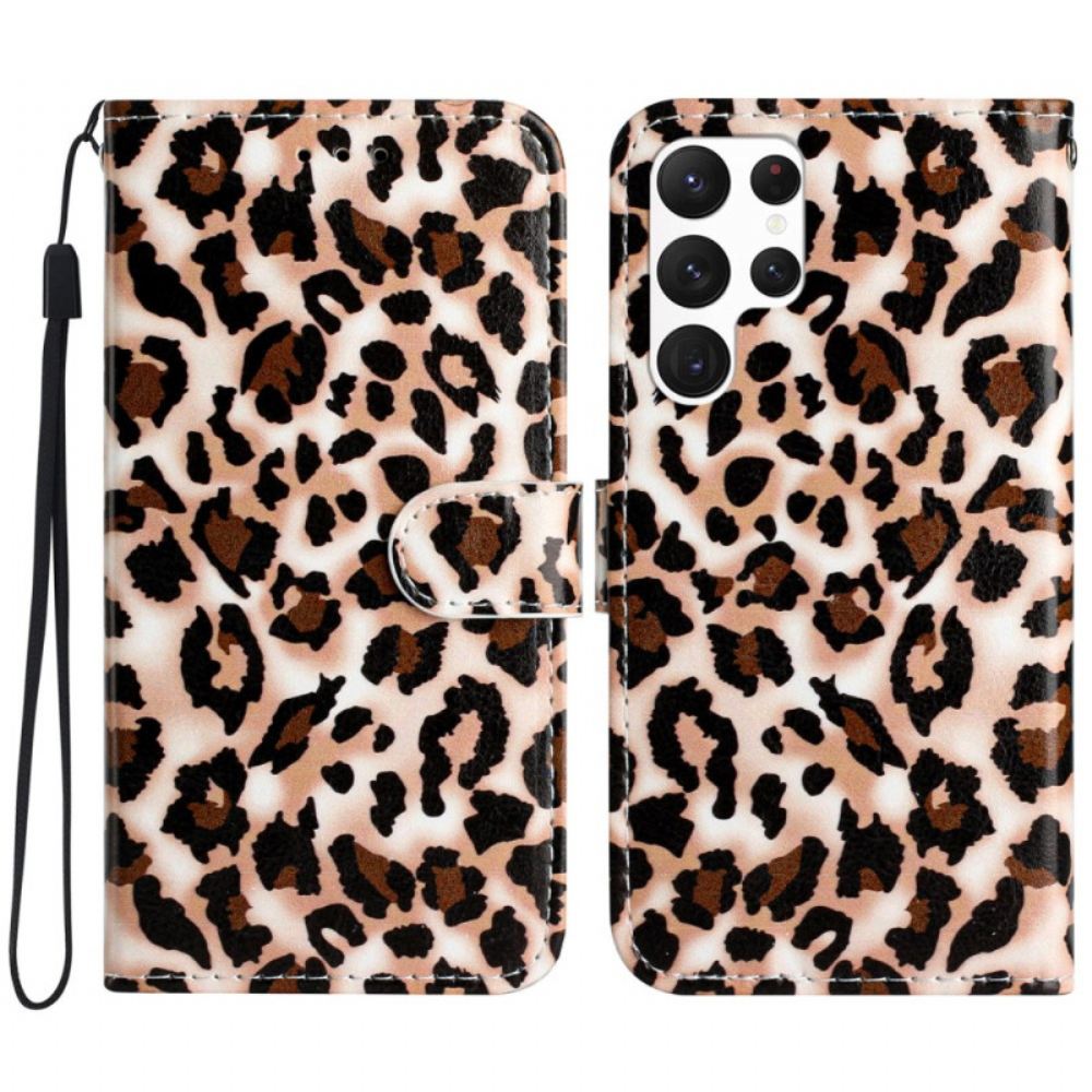 Kožený Kryt Na Samsung Galaxy S24 Ultra 5g Leopard Print Strappy