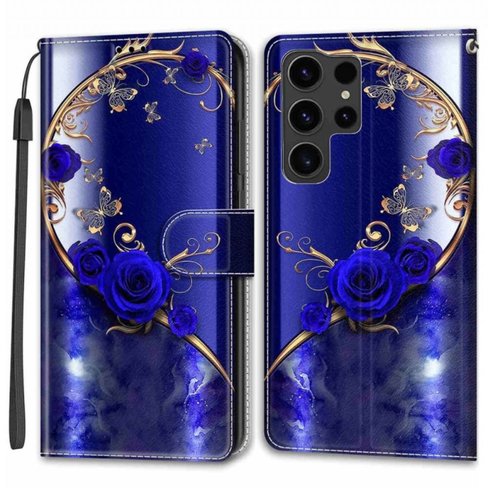 Kožený Kryt Na Samsung Galaxy S24 Ultra 5g Modrá Růže A Zlatí Motýli S Řemínkem