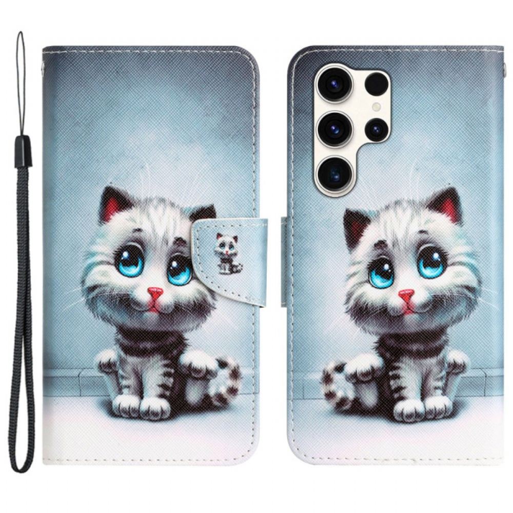 Kožený Kryt Na Samsung Galaxy S24 Ultra 5g Modrooká Kočka S Popruhem