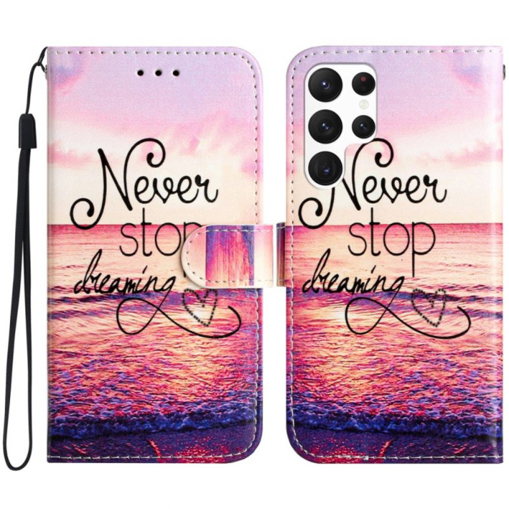 Kožený Kryt Na Samsung Galaxy S24 Ultra 5g Nikdy Nepřestávejte Snít S Popruhem