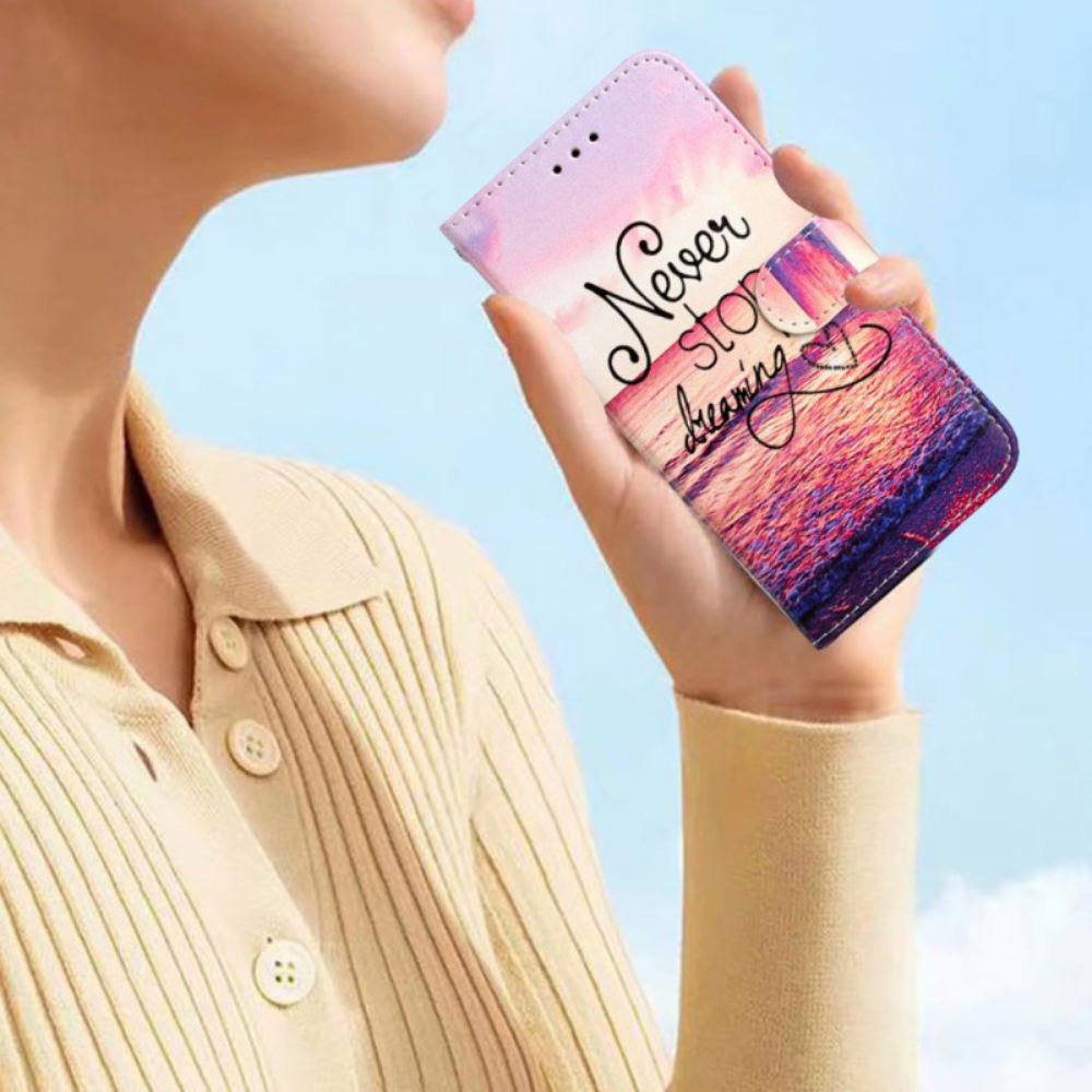 Kožený Kryt Na Samsung Galaxy S24 Ultra 5g Nikdy Nepřestávejte Snít S Popruhem
