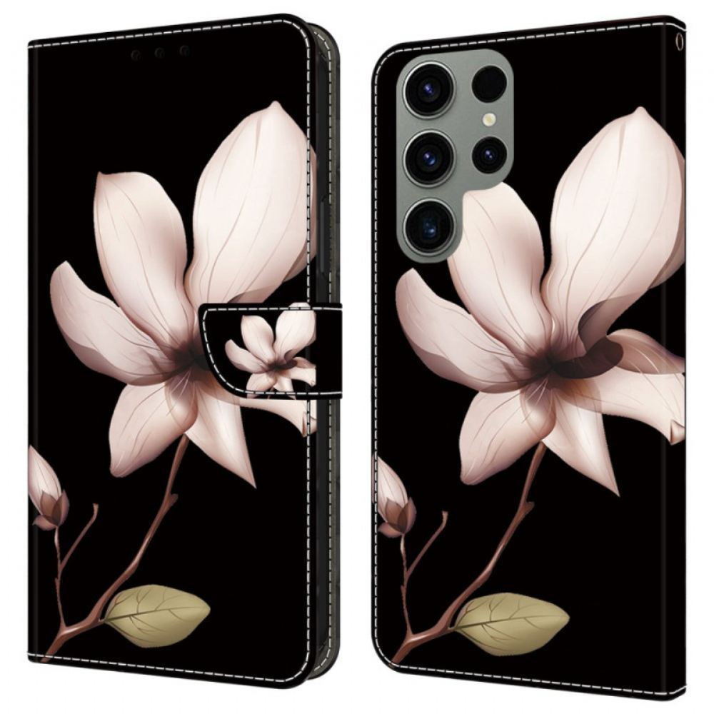 Kožený Kryt Na Samsung Galaxy S24 Ultra 5g Růžový Květ Na Černém Pozadí