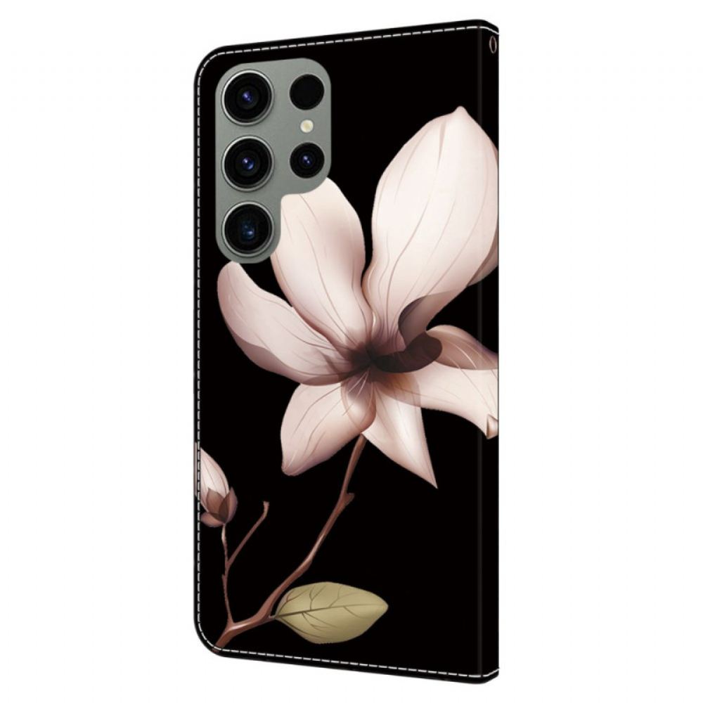 Kožený Kryt Na Samsung Galaxy S24 Ultra 5g Růžový Květ Na Černém Pozadí