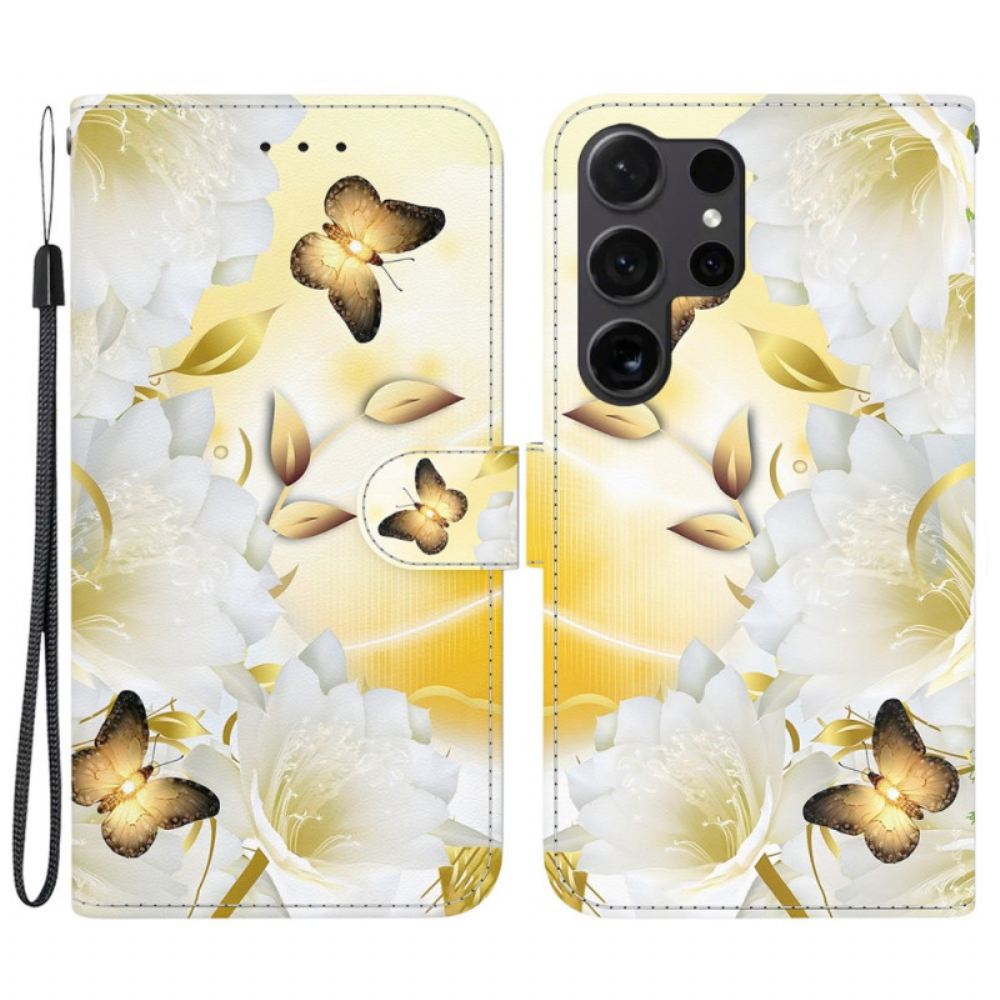 Kožený Kryt Na Samsung Galaxy S24 Ultra 5g Zlatí Motýli A Bílé Květy S Popruhem