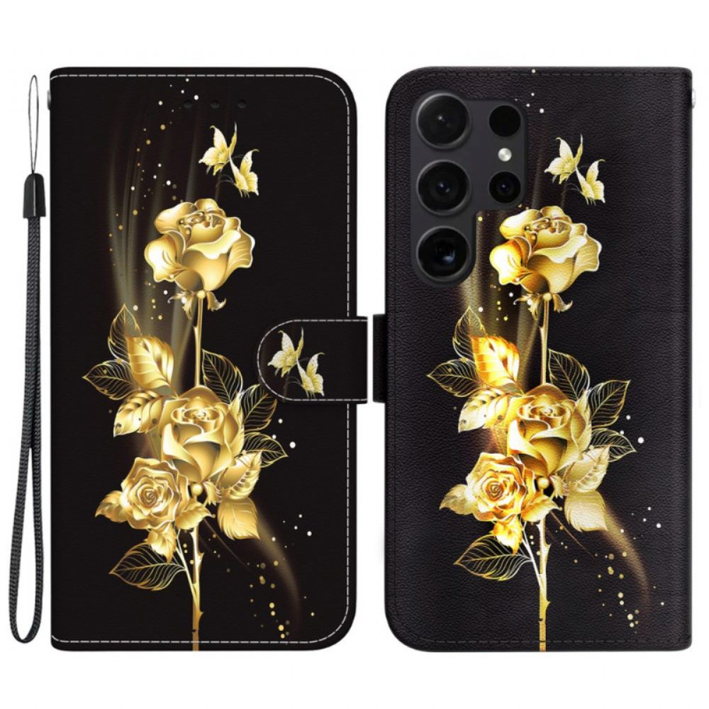 Kožený Kryt Na Samsung Galaxy S24 Ultra 5g Zlatý Motýl A Růže S Řemínkem