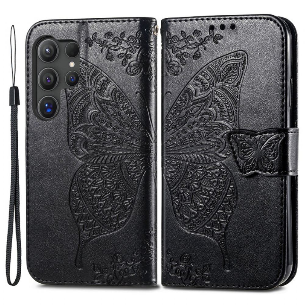 Kožený Kryt Samsung Galaxy S24 Ultra 5g Barokní Motýl S Řemínkem
