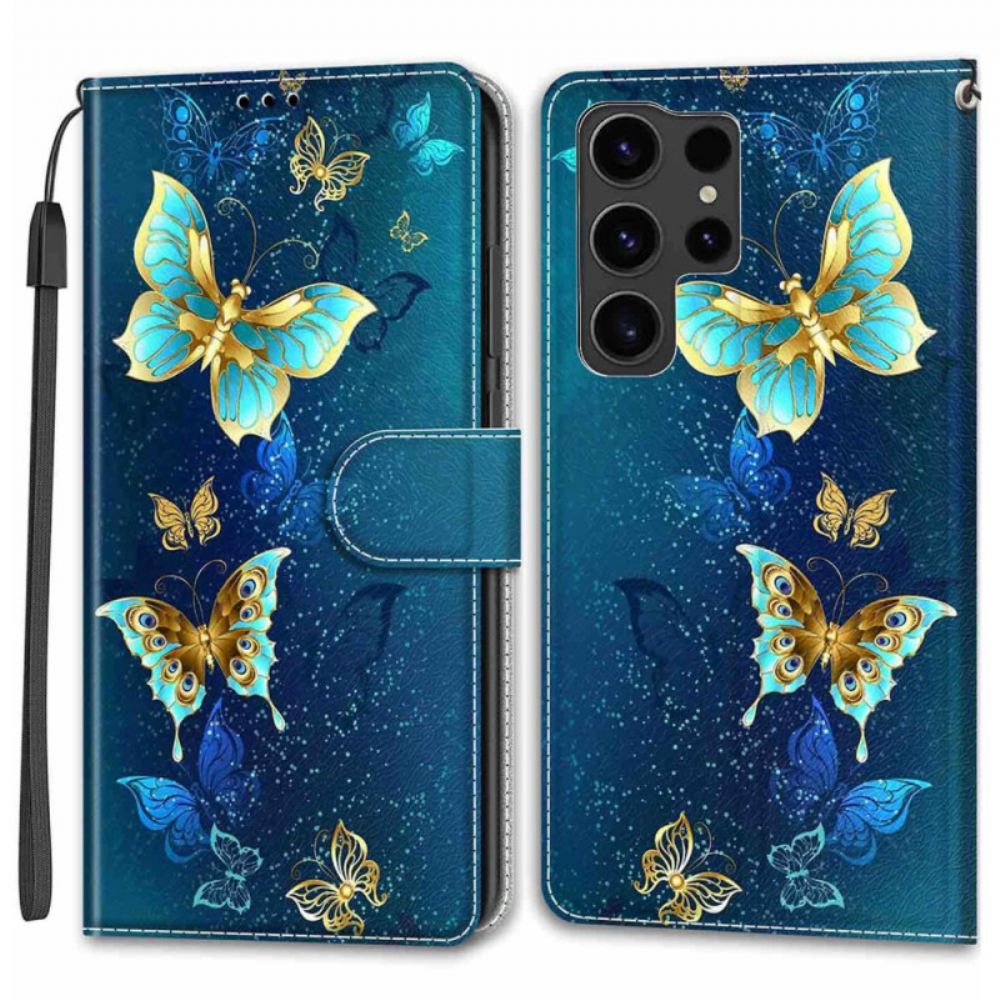 Kožený Kryt Samsung Galaxy S24 Ultra 5g Dva Motýli S Popruhem