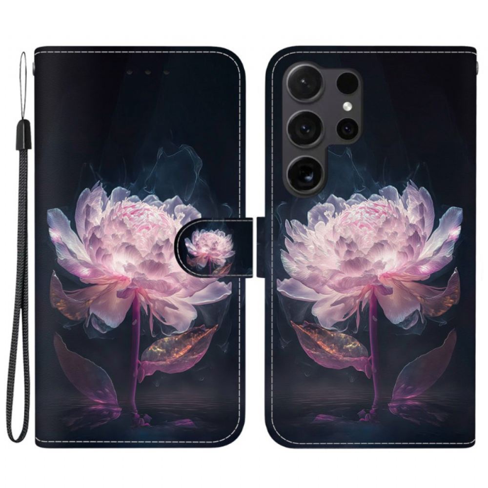 Kožený Kryt Samsung Galaxy S24 Ultra 5g Fialová Pivoňka S Řemínkem