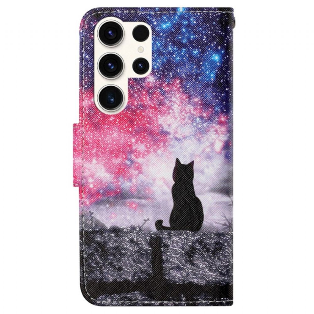Kožený Kryt Samsung Galaxy S24 Ultra 5g Hvězdná Obloha A Lanyard Cat