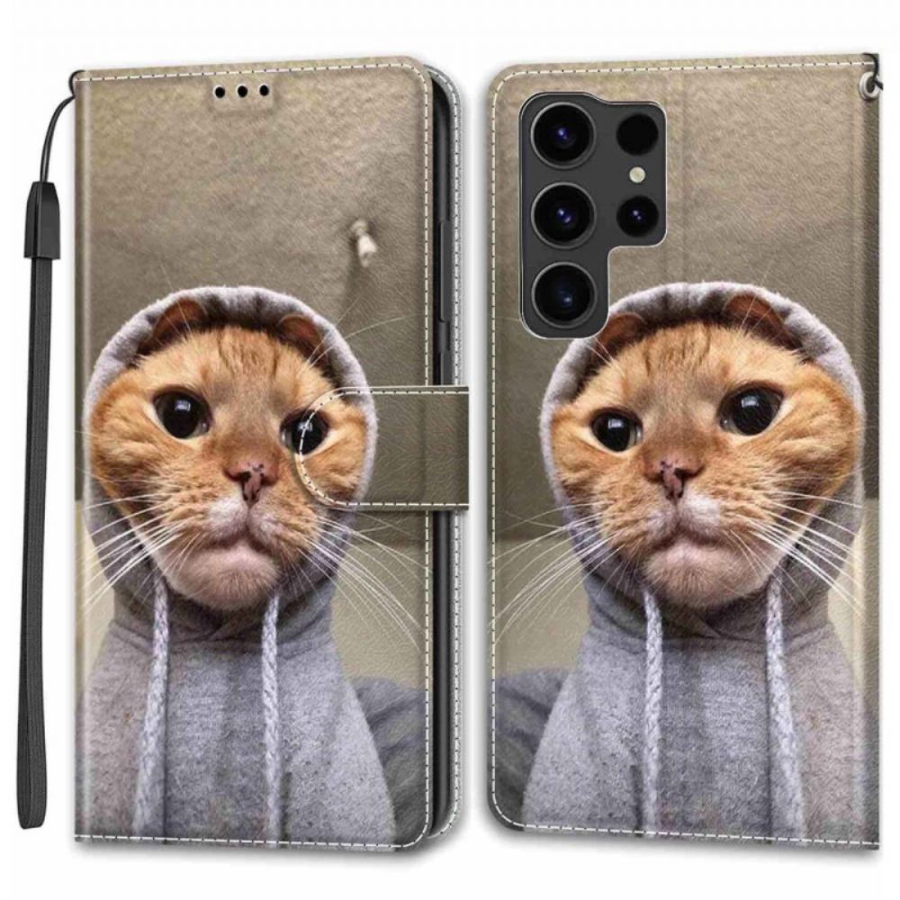 Kožený Kryt Samsung Galaxy S24 Ultra 5g Kočka Ve Žlutém Svetru S Řemínky