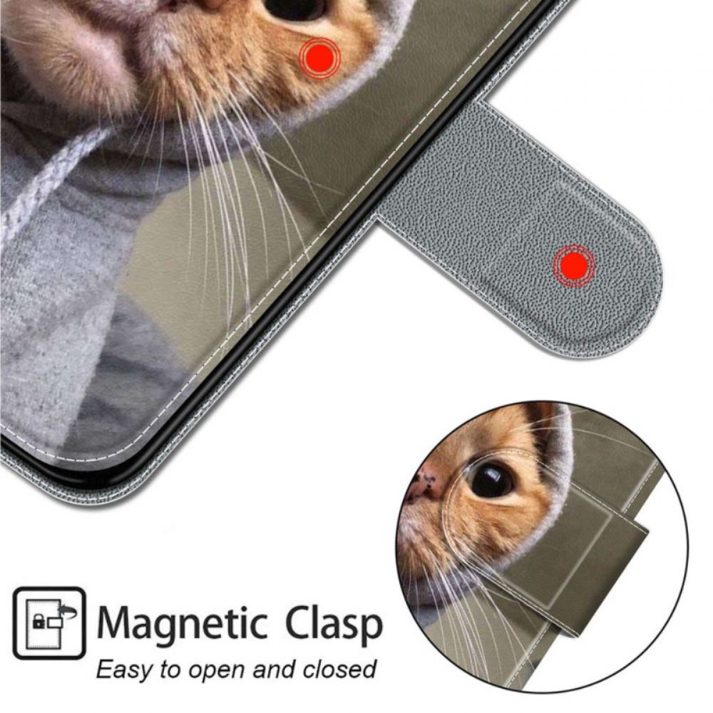 Kožený Kryt Samsung Galaxy S24 Ultra 5g Kočka Ve Žlutém Svetru S Řemínky