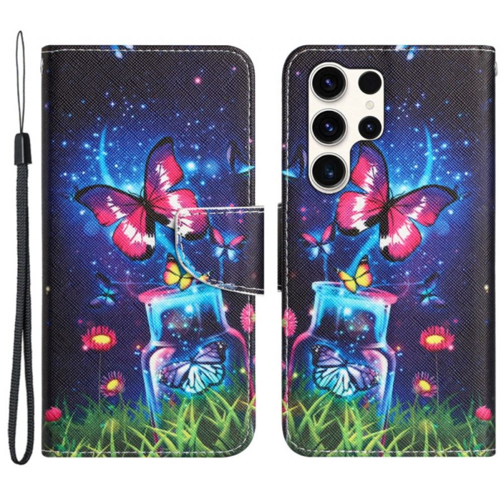 Kožený Kryt Samsung Galaxy S24 Ultra 5g Láhev A Motýl S Popruhem