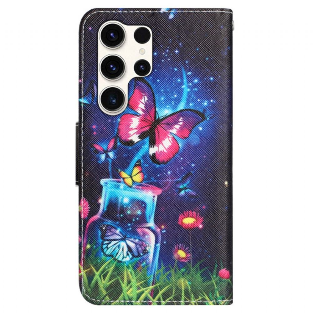 Kožený Kryt Samsung Galaxy S24 Ultra 5g Láhev A Motýl S Popruhem