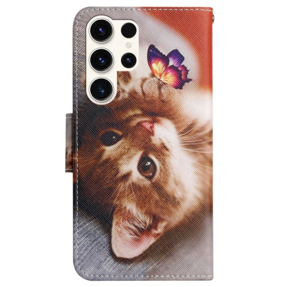 Kožený Kryt Samsung Galaxy S24 Ultra 5g Motýl A Kočka S Popruhem