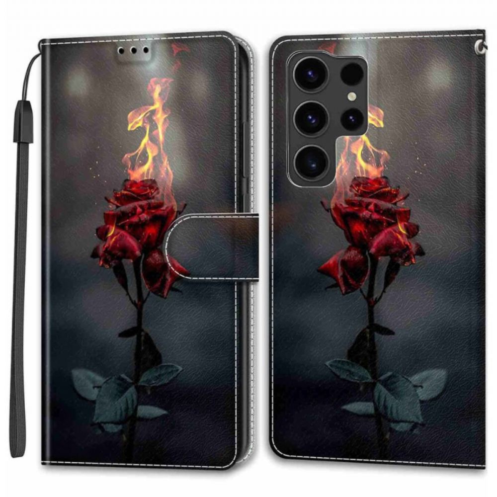 Kožený Kryt Samsung Galaxy S24 Ultra 5g Ohnivě Růžová S Popruhem