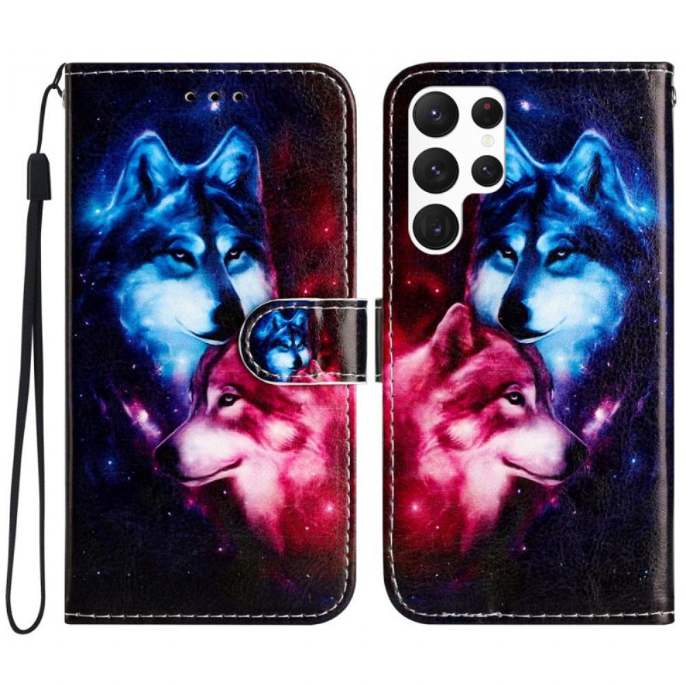 Kožený Kryt Samsung Galaxy S24 Ultra 5g Pár Vlků S Popruhy