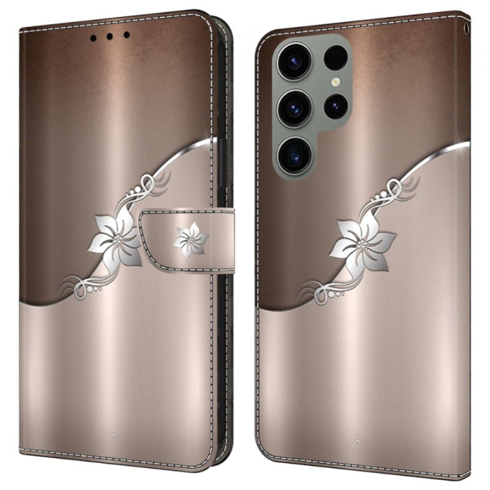 Kožený Kryt Samsung Galaxy S24 Ultra 5g Stříbrný Květ