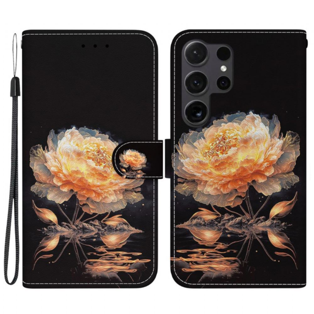 Kožený Kryt Samsung Galaxy S24 Ultra 5g Zlatá Pivoňka S Řemínkem