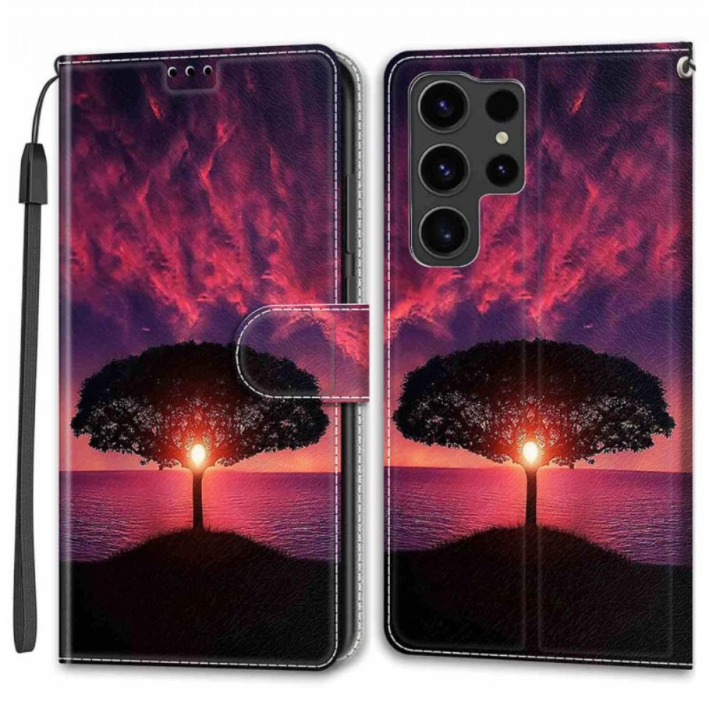 Kožený Kryt Samsung Galaxy S24 Ultra 5g Černý Strom A Popruh Při Západu Slunce