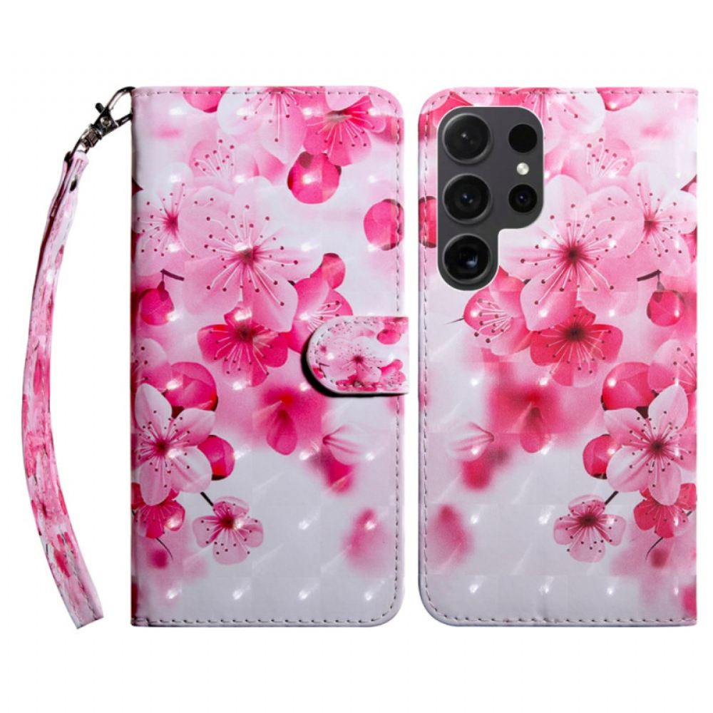 Kožený Kryt Samsung Galaxy S24 Ultra 5g Červené Květy S Popruhem