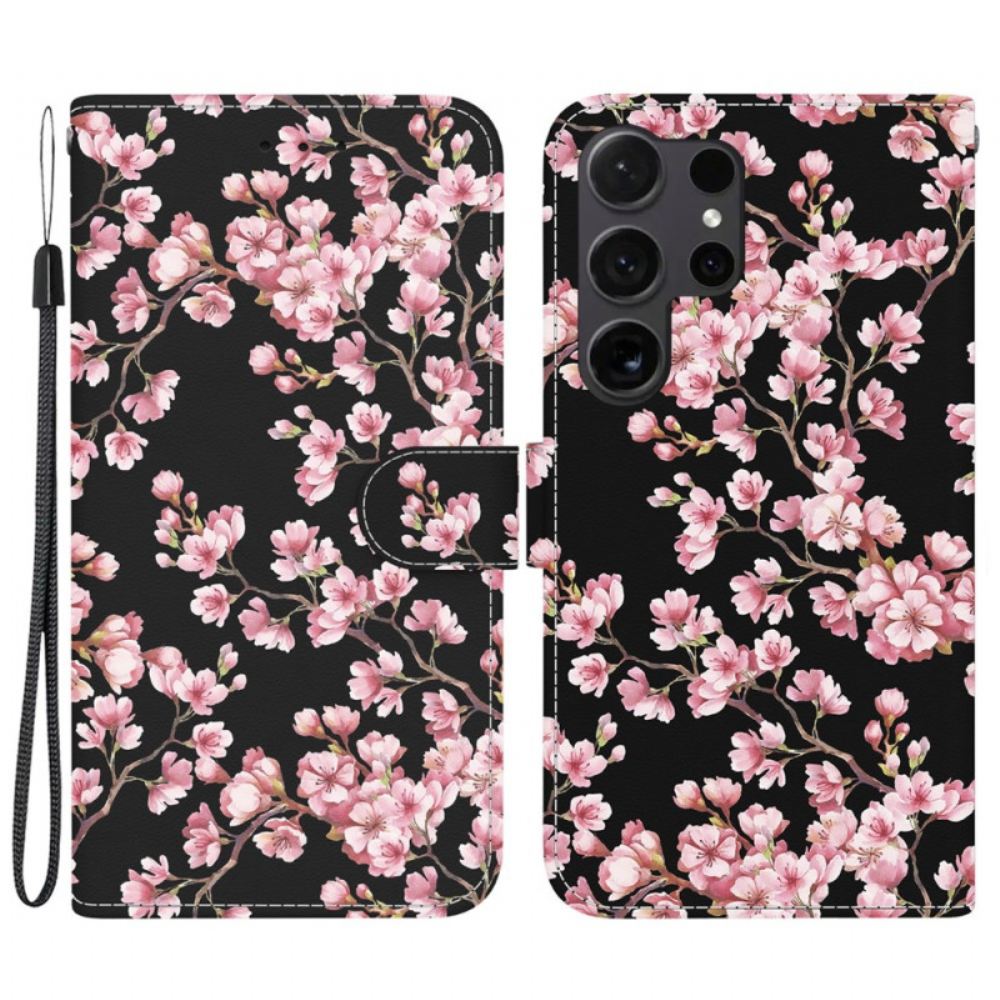 Kožený Kryt Samsung Galaxy S24 Ultra 5g Švestkové Květy S Řemínky